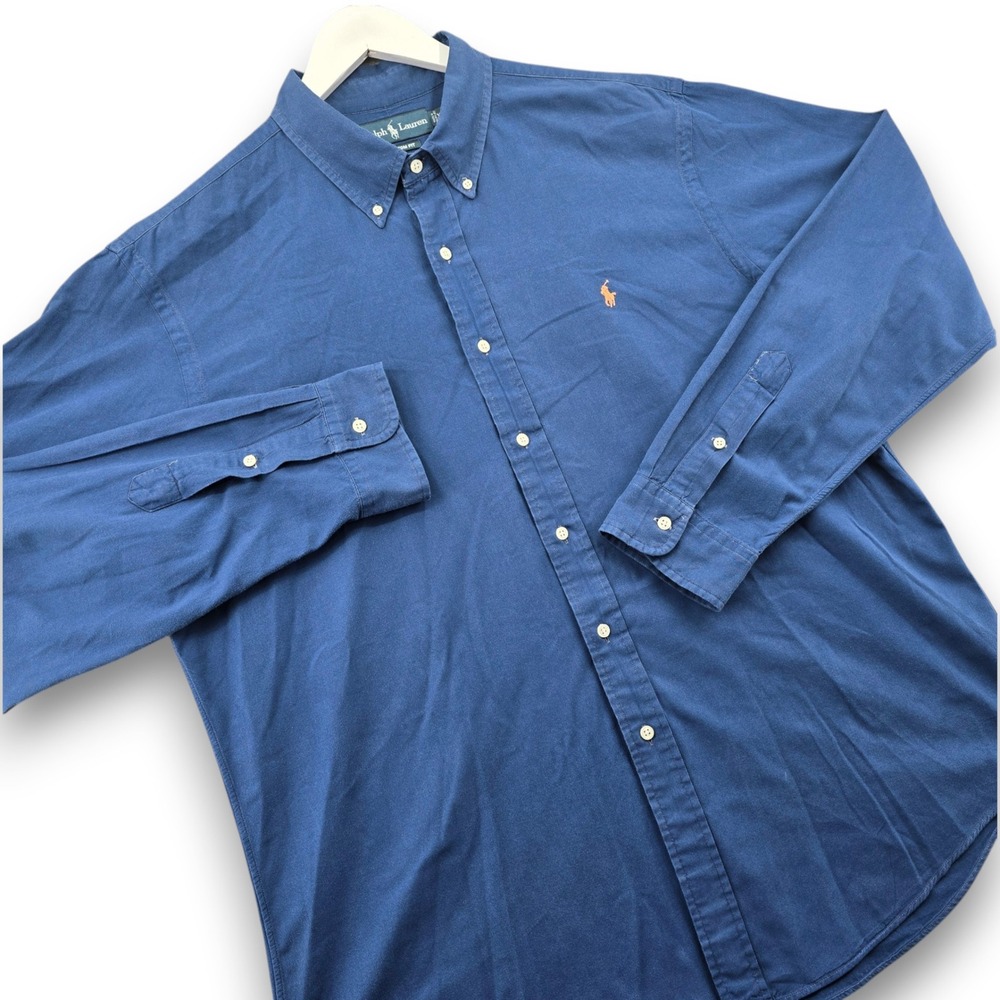 Ralph Lauren Mens XXL Blue Cotton Long Sleeve Custom Fit Button Down Shirt Solid